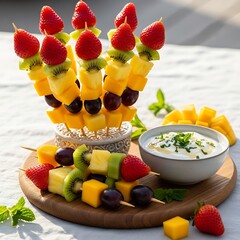 Delicious rainbow fruit skewers with creamy dip perfect for parties and healthy snacks