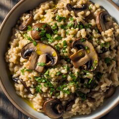 Creamy mushroom risotto with fresh herbs delicious italian rice dish close-up shot