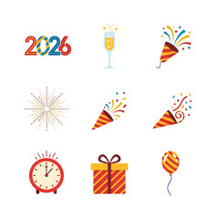 Fototapeta premium Festive 2026 New Year's Celebration: Joyful Icons for a Cheerful and Bright Future