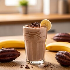 Delicious chocolate banana smoothie with fresh cacao pods and fruit ingredient focus