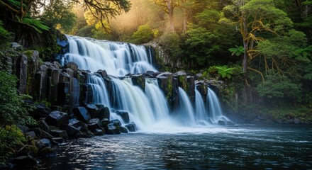 Waterfall Cascading Over Dark Basalt Rocks. Lush Green Foliage Framing a Natural Waterfall. Serene Landscape of a Frothy Waterfall.