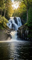 Waterfall Cascading Over Dark Basalt Rocks. Lush Green Foliage Framing a Natural Waterfall. Serene Landscape of a Frothy Waterfall.