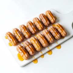 Delicious golden brown mini donuts drizzled with sweet caramel sauce on a white surface