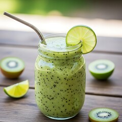 Refreshing green kiwi lime smoothie in a jar with straw and fresh fruit garnish