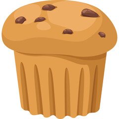 A single chocolate chip muffin with a golden brown top and fluted paper liner on a transparent background