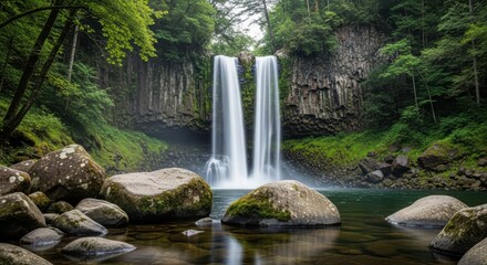 Central Waterfall with Moss-Covered Rocks. Tranquil Pool Reflecting Lush Greenery. Waterfall Flowing Over Dark Mossy Boulders.