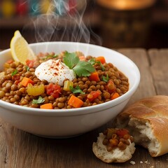 Steaming bowl of hearty lentil stew topped with yogurt and lemon wedge