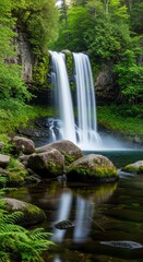Central Waterfall with Moss-Covered Rocks. Tranquil Pool Reflecting Lush Greenery. Waterfall Flowing Over Dark Mossy Boulders.