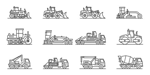 Heavy construction machinery vehicle line icons set
