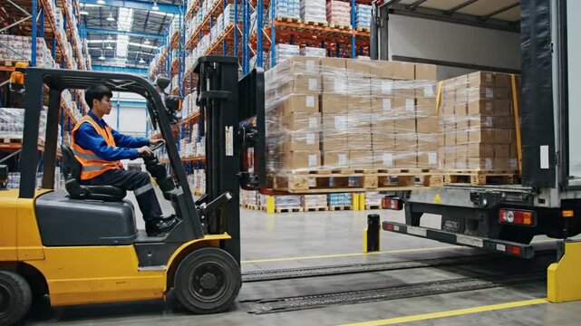 Warehouse worker operating a forklift loading pallets of packaged goods into a truck indoors
