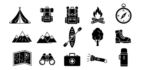 Outdoor adventure camping hiking gear essential icons