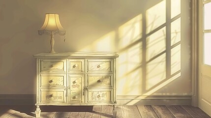 Softly lit interior with a cabinet, lamp, and sunlight casting a shadow