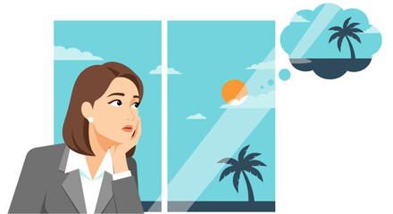 An adult Asian businesswoman is experiencing stress and burnout at work, longing for a vacation as she stares out the window, dreaming of a tropical beach.