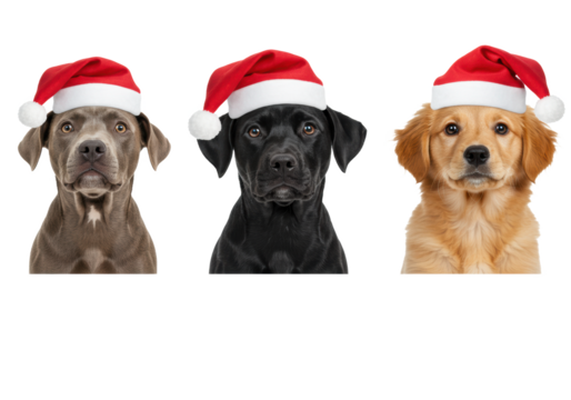 three adorable domestic puppies, grey brindle, black, and golden, wearing red and white santa hats on a transparent studio background with copy space, charming festive pet portrait - Powered by Adobe