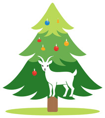 Naklejka premium Illustration of a stylized goat standing beneath a decorated Christmas tree.
