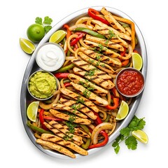 Delicious chicken fajitas platter with sliced limes guacamole sour cream and salsa overhead shot