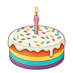 A vibrant cartoon birthday cake, rainbow layers, white frosting, colorful sprinkles, lit pink candle, on transparent background with copy space, joyful celebration atmosphere