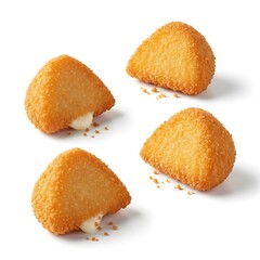 Four golden fried triangle appetizers with creamy filling and crumbs scattered around