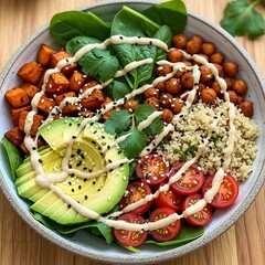 Healthy nourishing buddha bowl loaded with roasted chickpeas avocado and fresh vegetables