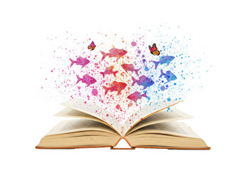 Aged book on a transparent background, vibrant watercolor fish and monarch butterflies bursting from its pages, surrounded by colorful splatters, magic of imagination blooming