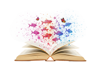 Aged book on a transparent background, vibrant watercolor fish and monarch butterflies bursting from its pages, surrounded by colorful splatters, magic of imagination blooming
