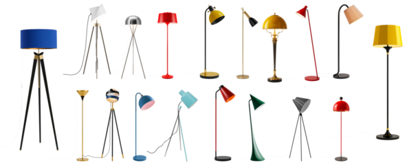 A set of modern floor lamps isolated on a transparent background