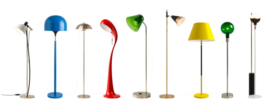 A set of modern floor lamps isolated on a transparent background