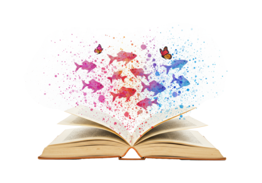 Aged book on a transparent background, vibrant watercolor fish and monarch butterflies bursting from its pages, surrounded by colorful splatters, magic of imagination blooming