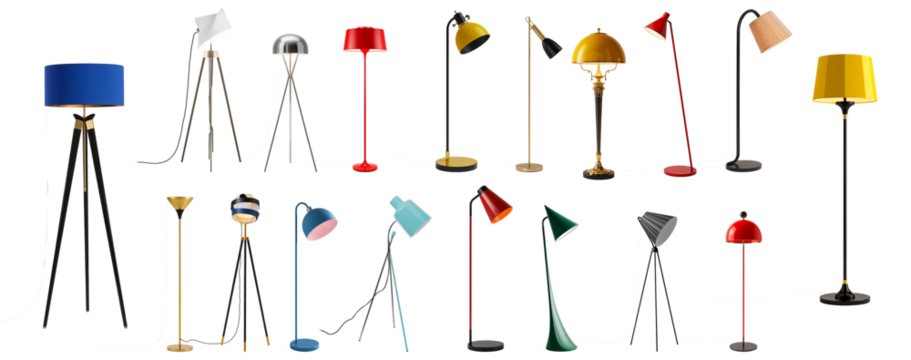 A set of modern floor lamps isolated on a transparent background