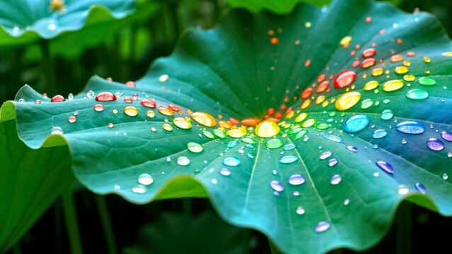 Artistic close-up of colorful lotus leaves with water droplets