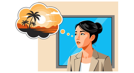 A young Asian businesswoman experiences burnout and stress, longing for a tropical vacation as she stares out the office window, seeking escape and relaxation.