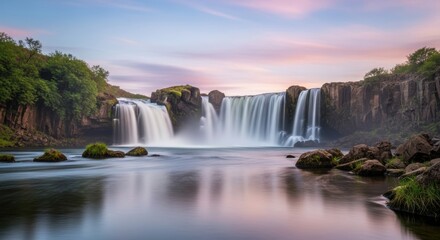 Obraz premium Majestic Waterfall at Dawn or Dusk. Silky Water Effect Over Rugged Rocks. Waterfall with Reflective Pool and Pastel Sky.