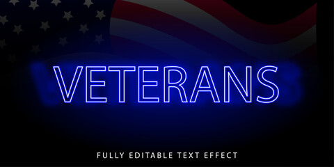 Veterans Blue Neon Text Effect with American Flag Background