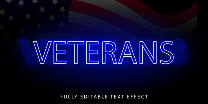Veterans Blue Neon Text Effect with American Flag Background