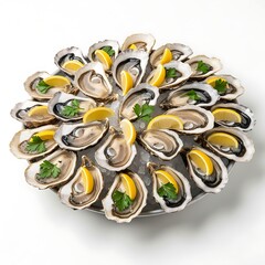 Platter of fresh oysters with lemon wedges and parsley a seafood delight