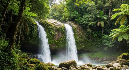 Dual Stream Waterfall in Tropical Forest. Moss-Covered Rock Face Waterfall. Untouched Nature with Misty Waterfall Base.