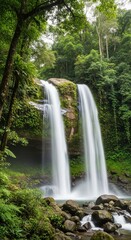Dual Stream Waterfall in Tropical Forest. Moss-Covered Rock Face Waterfall. Untouched Nature with Misty Waterfall Base.