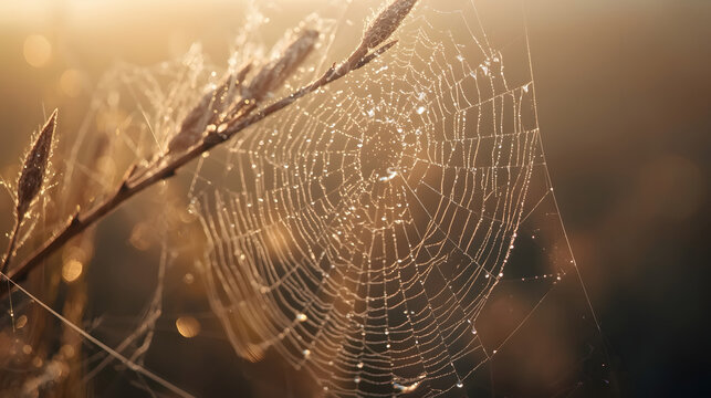 Spiderweb covered with water drops is shining at dawn on withered grass stem under sunlight in blurry bokeh background dew drops adorn gossamer web on meadow at fall 2024