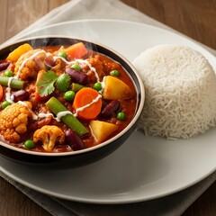 Healthy vegetable curry served with fluffy white rice a delicious indian meal