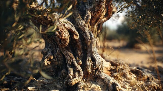 Ancient olive tree commercial background, golden light and twisted branches creating visual impact for brand storytelling