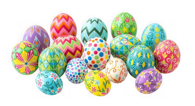 Colorful easter eggs with intricate patterns isolated on transparent background