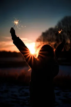 Dramatic silhouette celebrating at sunset with sparkling lights
