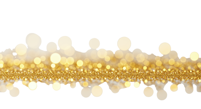 Abstract golden bokeh lights, soft and luminous, diffused on a transparent to transparent gradient background, macro close-up, shallow depth of field. Concept for tranquil abstract design