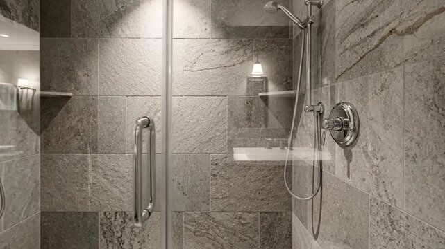 Modern bathroom shower interior design with grey stone tile wall and glass enclosure luxury home decor renovation concept