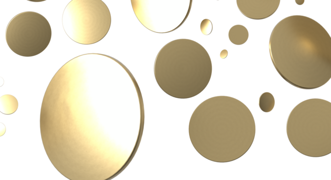 Abstract background featuring floating gold circles of various sizes on a clean white backdrop. Perfect for modern design concepts and backgroun