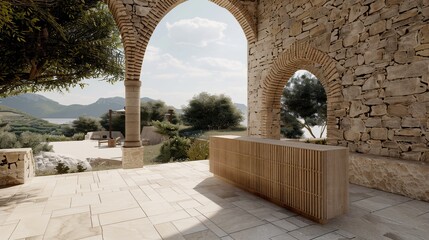 Stone archway frames a wooden cabinet on a sunlit terrace overlooking a serene landscape