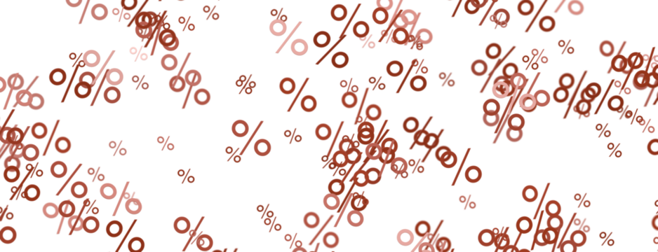 Abstract pattern of percentage symbols floating against a white backdrop. Ideal for business, finance, and promotional content. Illustrates disc