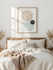 modern minimalist bedroom, geometric art frame mockup, natural wooden furniture, cozy beige bedding, neutral decor in warm daylight, contemporary interiors