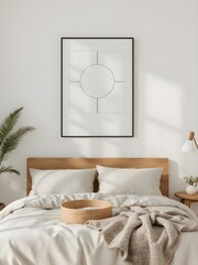 modern minimalist bedroom, geometric art frame mockup, natural wooden furniture, cozy beige bedding, neutral decor in warm daylight, contemporary interiors