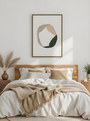 modern minimalist bedroom, geometric art frame mockup, natural wooden furniture, cozy beige bedding, neutral decor in warm daylight, contemporary interiors